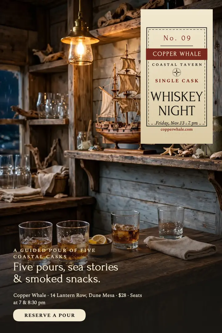 Copper Whale whiskey night poster template
