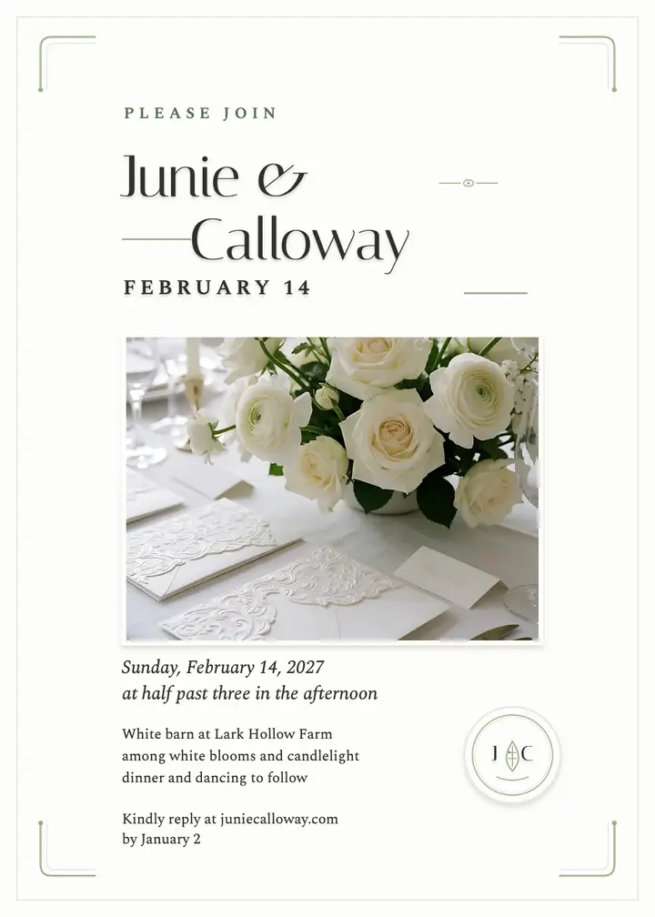 Junie and Calloway white emboss invite: wedding invitation template