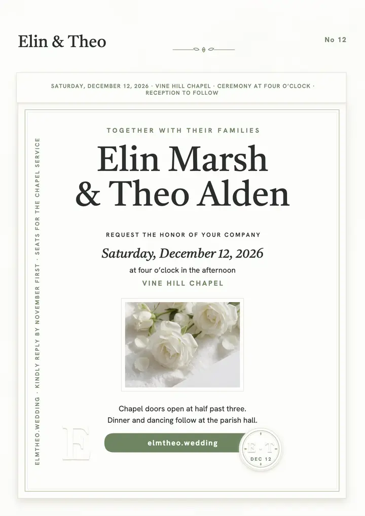 Elin and Theo winter wedding invitation: winter wedding invitation template
