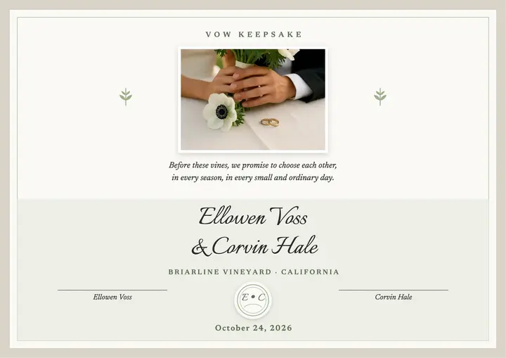 Ellowen and Corvin embossed vow keepsake: vow keepsake certificate template