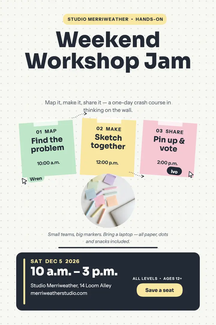 Weekend Workshop Jam whiteboard poster: workshop agenda poster template