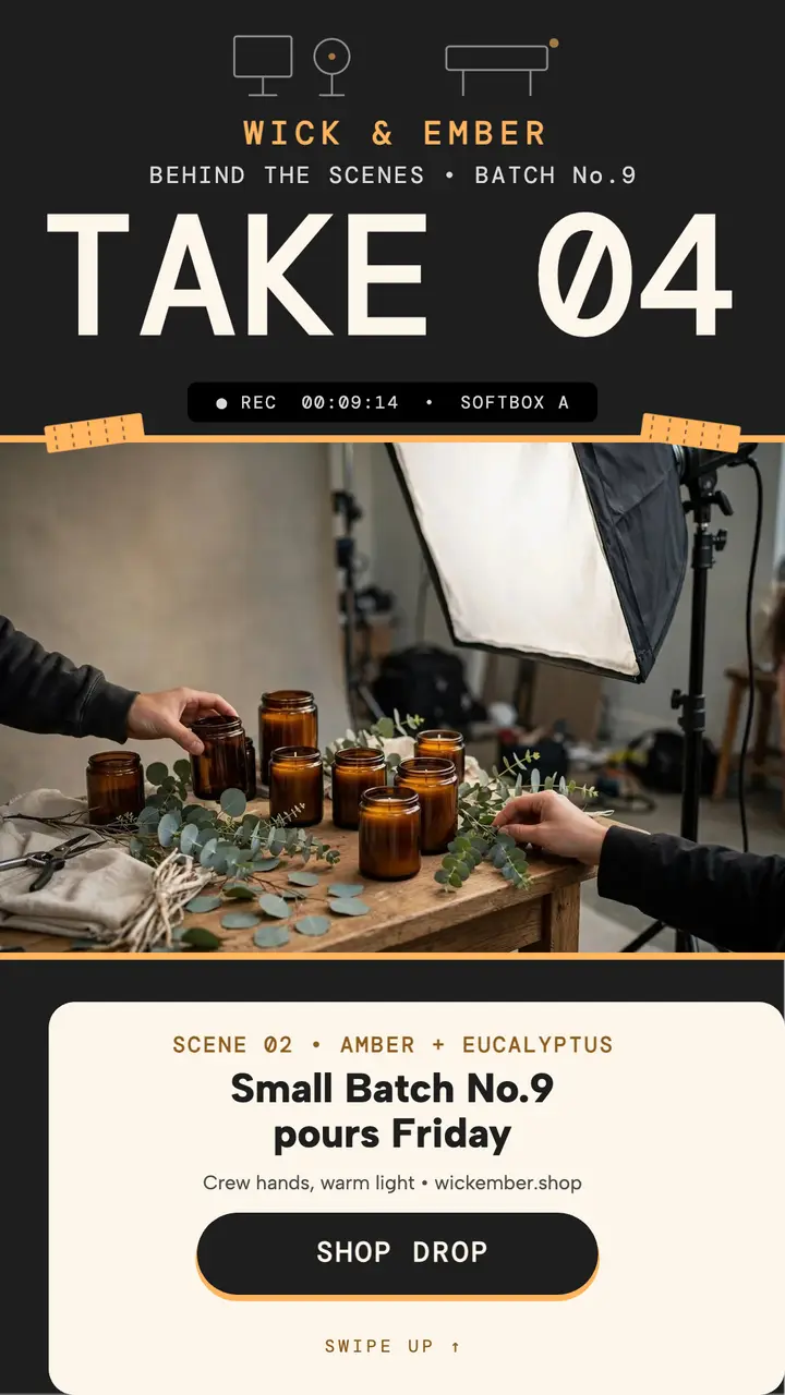 Wick and Ember candle drop BTS story: candle drop story template