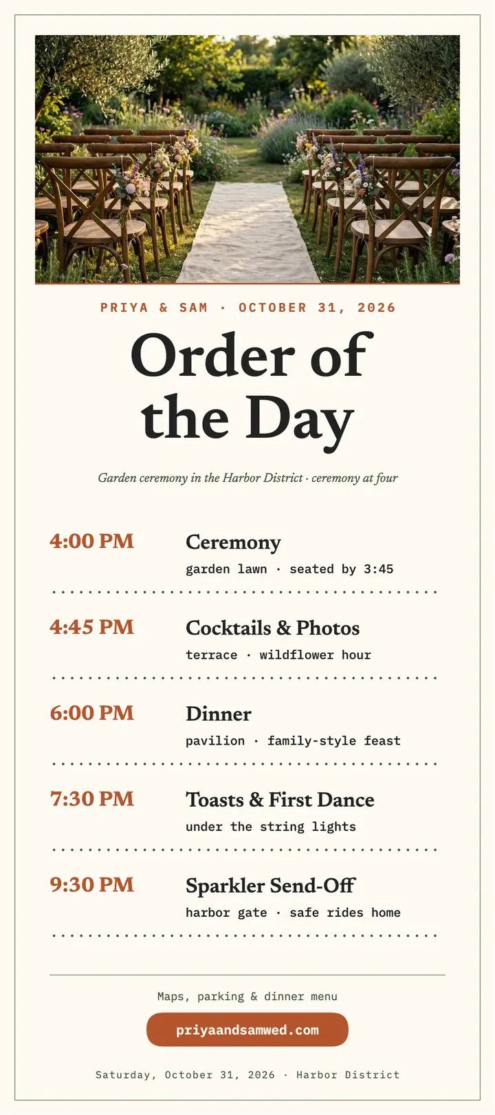 Priya and Sam garden wedding day rack card template