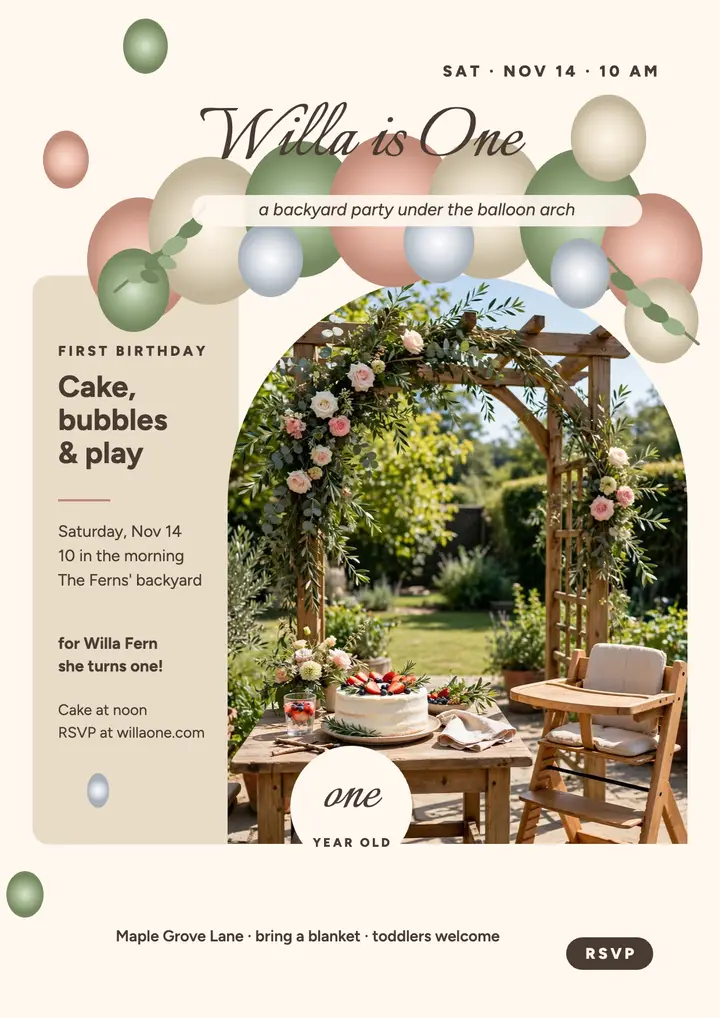 Willa first birthday backyard arch flyer template