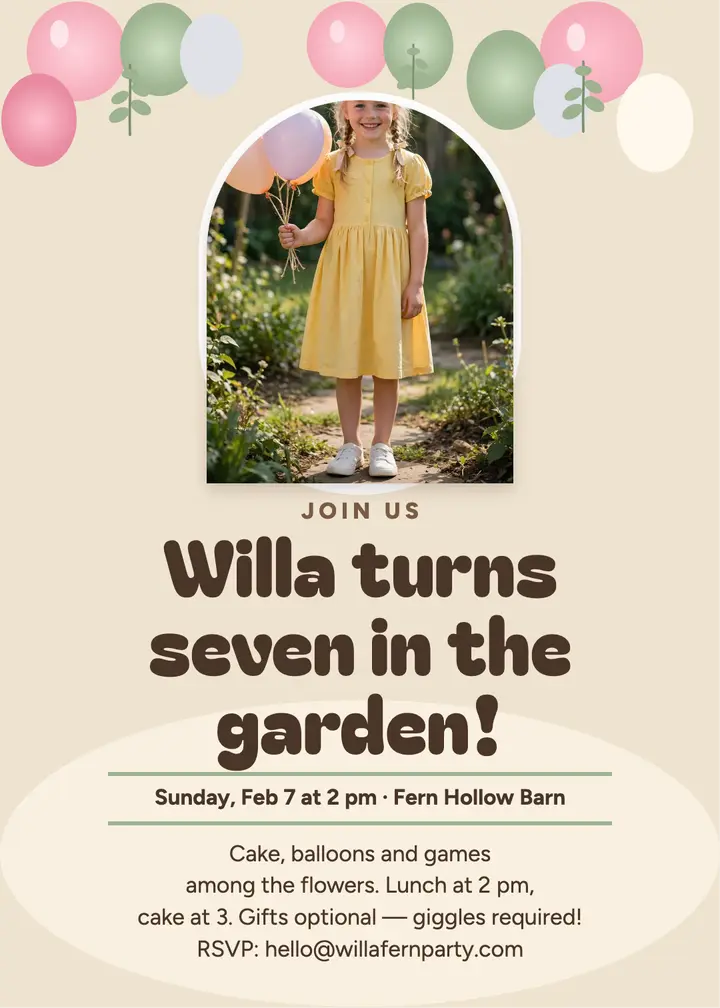 Willa garden seventh birthday invitation template