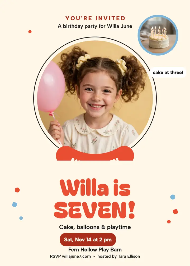 Willa seventh birthday invitation: kids birthday invitation template