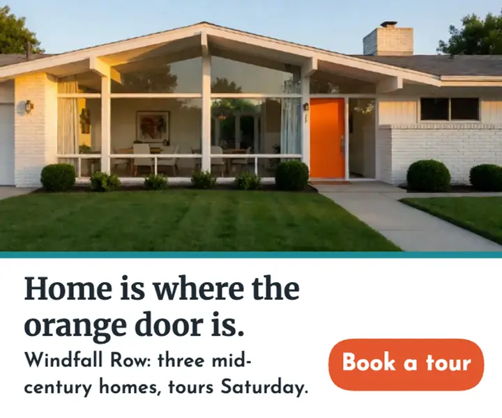 Windfall Row mid-century homes 300x250 ad, sixties print ad template