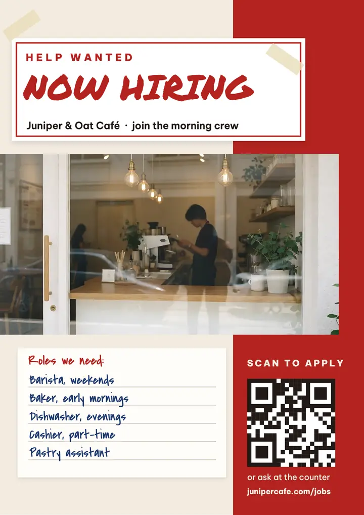 Juniper and Oat Cafe now hiring flyer: cafe now hiring flyer template