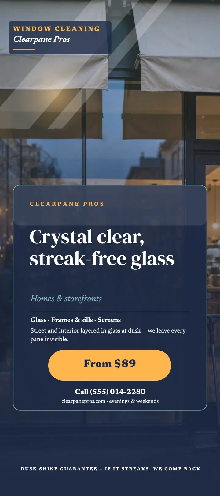 Clearpane Pros dusk glass rack card: window cleaning rack card template
