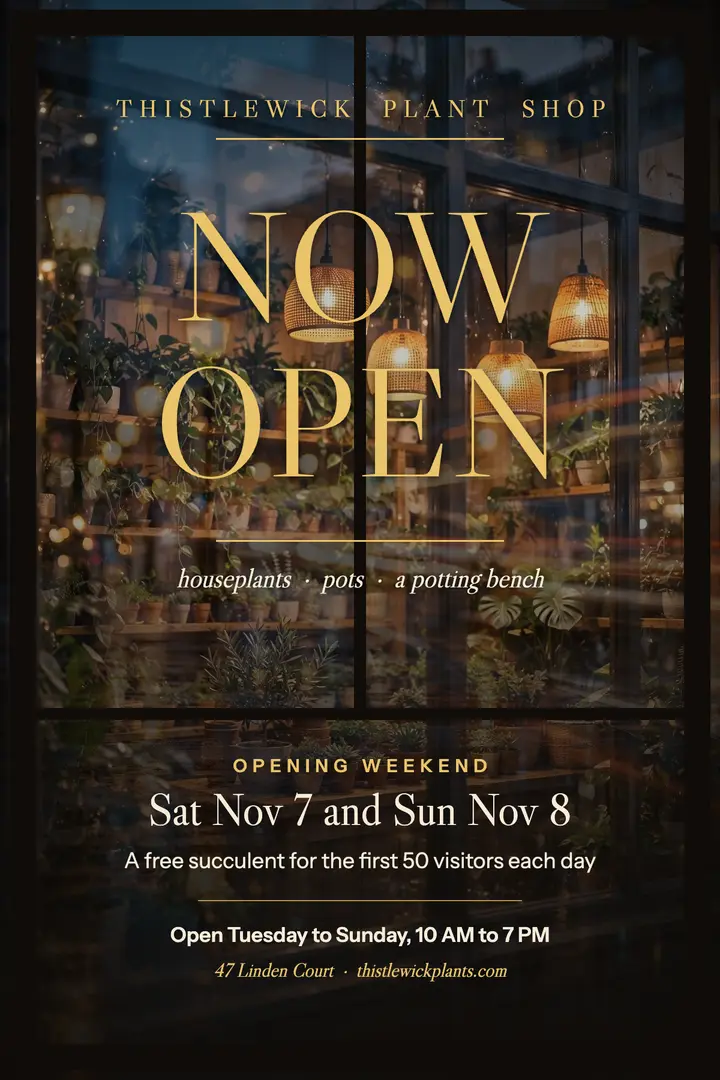 Thistlewick plant shop now open window poster template