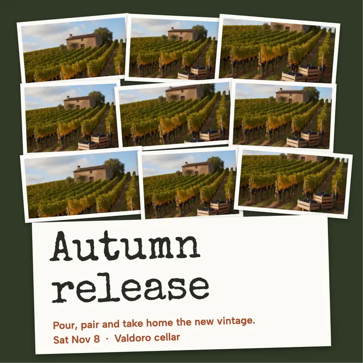 Valdoro wine club autumn release square post: wine club autumn release party post template