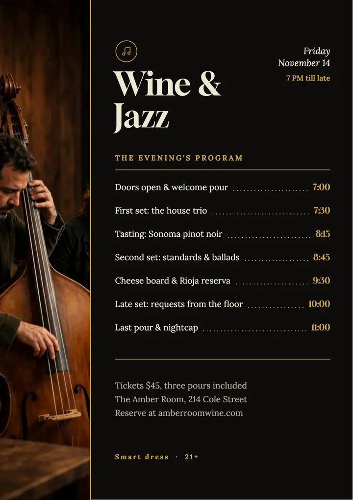 Wine & jazz evening flyer template