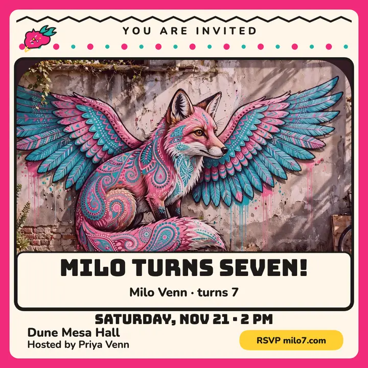 Winged fox birthday invite, mural fox: birthday invite template