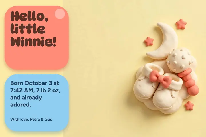 Baby announcement postcard, claymorphism template