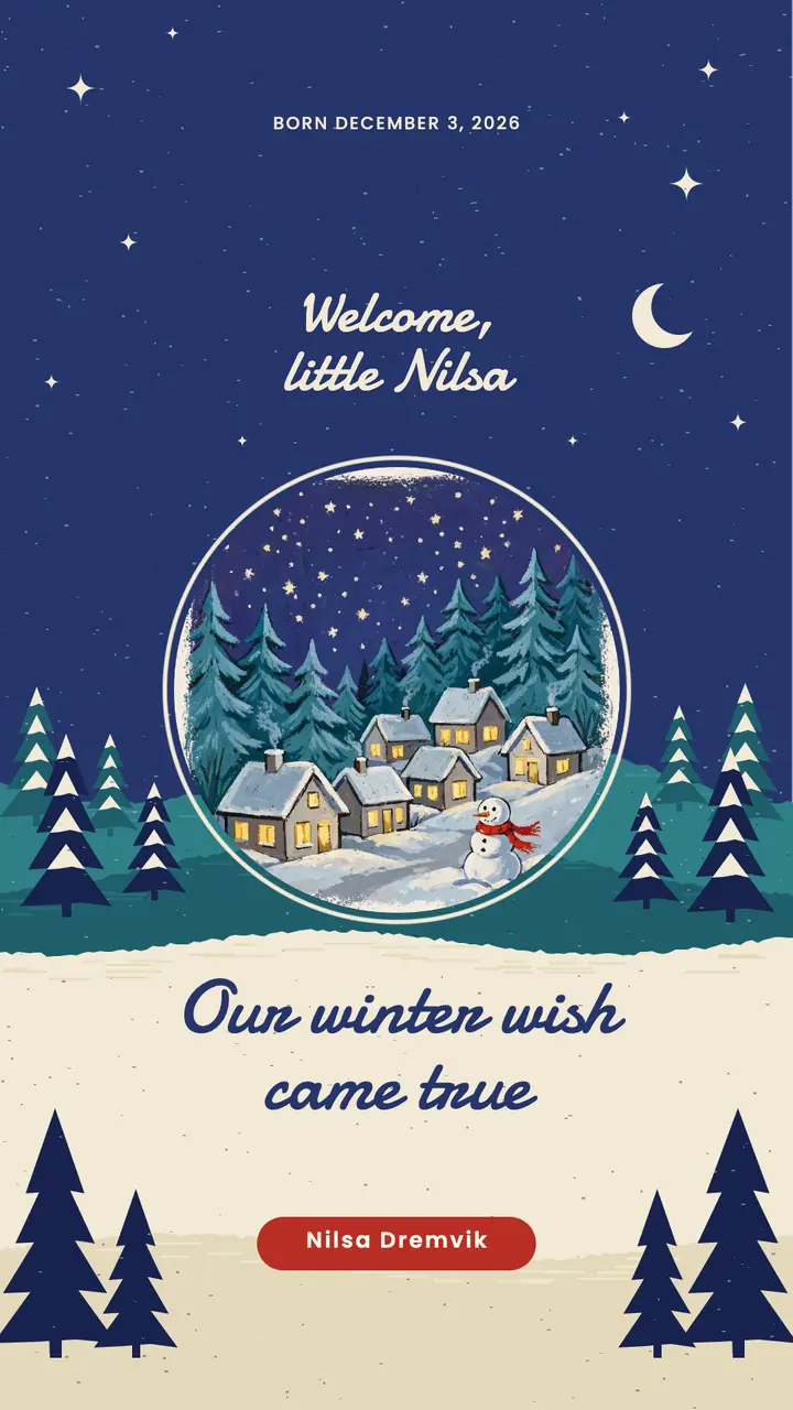 Winter baby announcement story, gouache storybook template