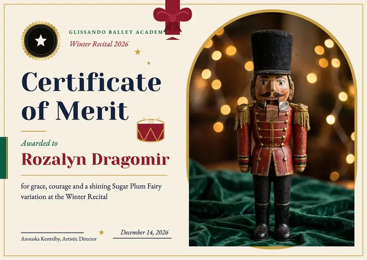 Winter ballet recital certificate, nutcrackercore: ballet recital certificate of merit template