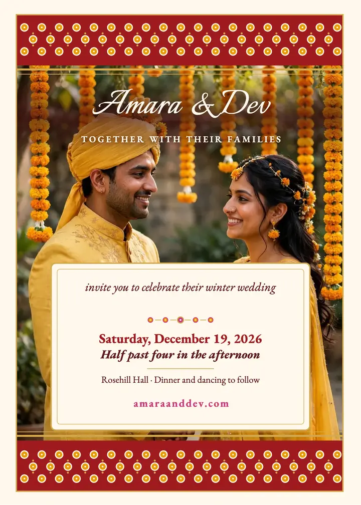 Amara and Dev marigold bandhani invitation template