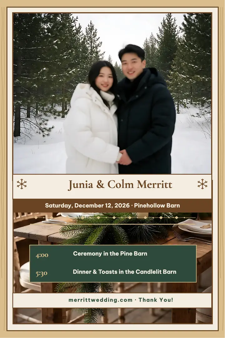 Junia and Colm winter barn seating chart: winter wedding seating chart template