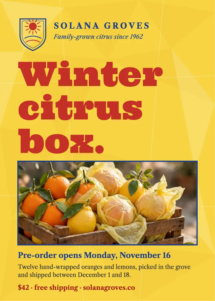 Solana Groves winter citrus box invitation: citrus box pre-order invitation template