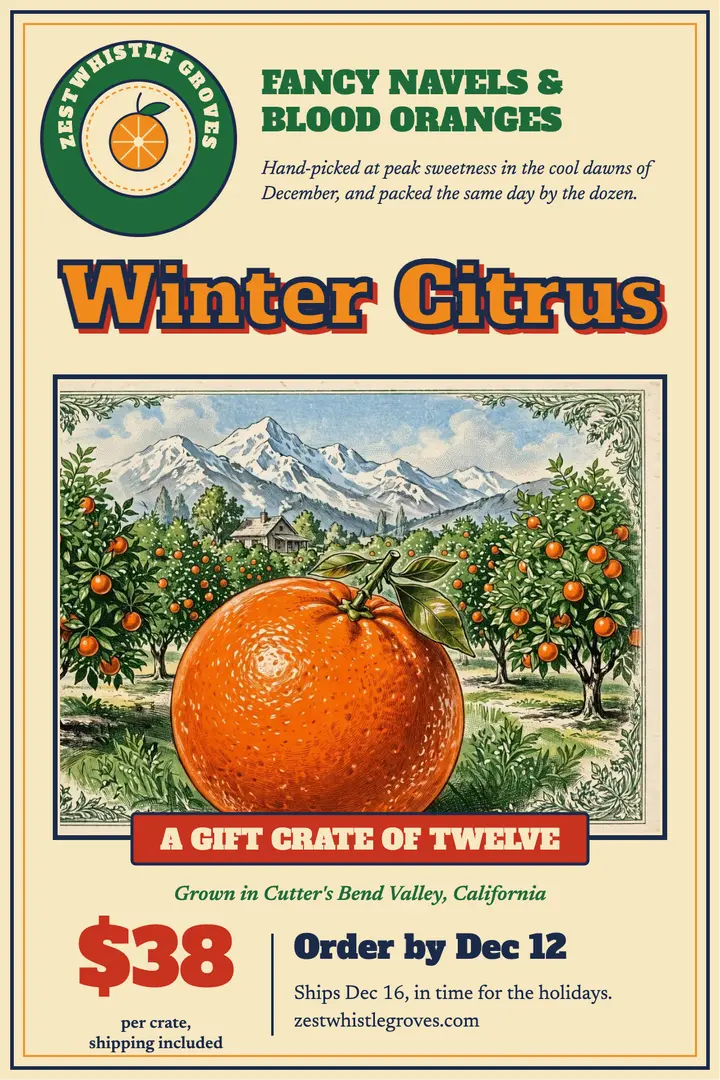 Winter citrus crate-label poster template