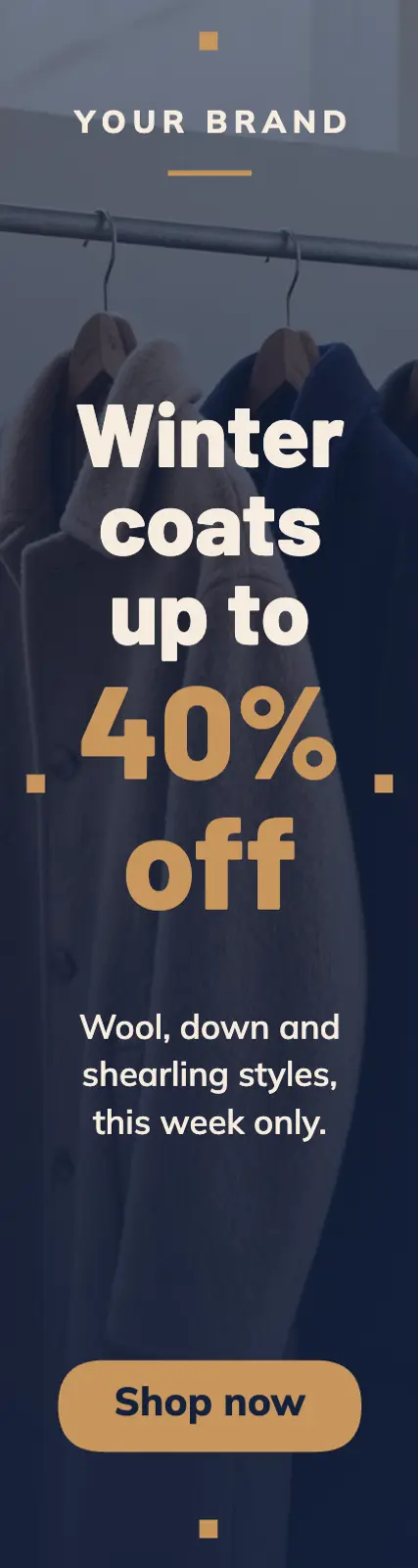 Camel and navy winter coat sale skyscraper ad: coat sale banner ad template