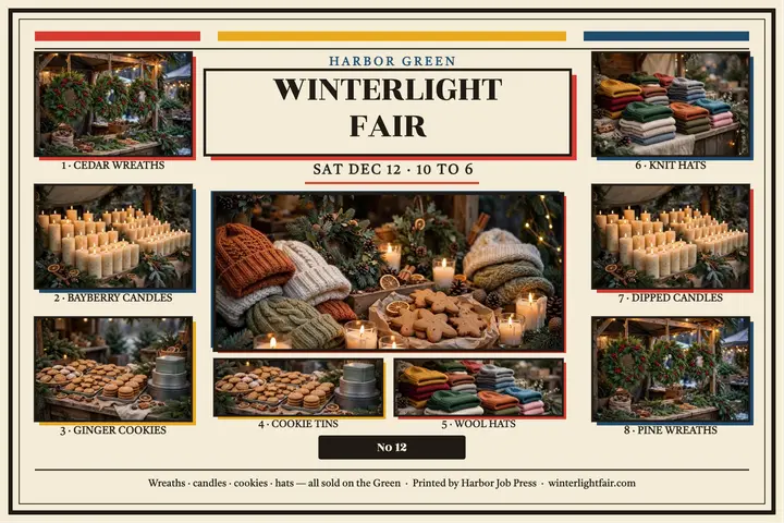Winterlight Fair holiday market broadsheet template
