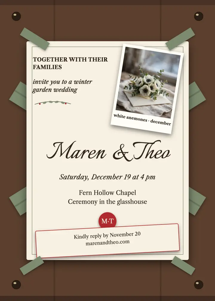 Maren and Theo winter garden invitation on letter rack template