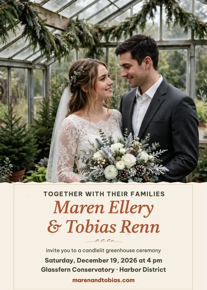 Maren and Tobias greenhouse winter invitation: winter wedding invitation template