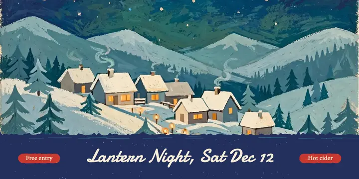Winter lantern night snow village gouache post template