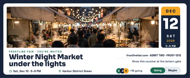 Frostline Fair winter market invite voucher: night market invite voucher template