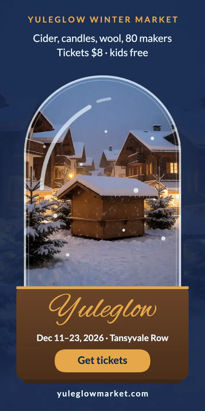 Yuleglow winter market snow globe half-page ad template