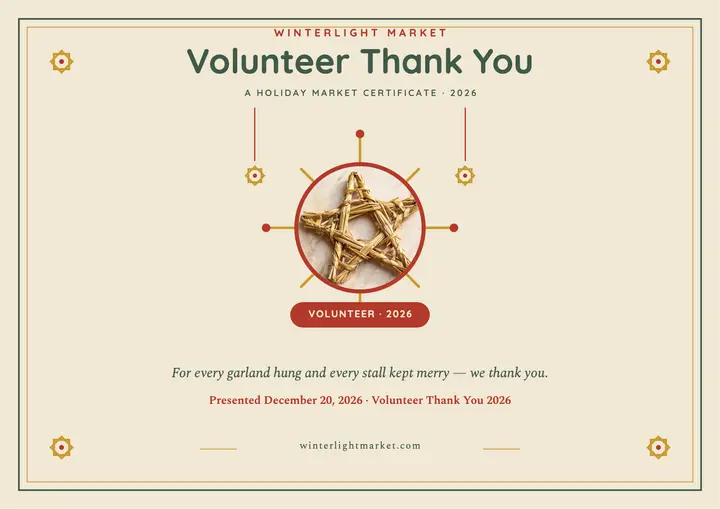 Winterlight Market volunteer thank you certificate: volunteer thank you certificate template
