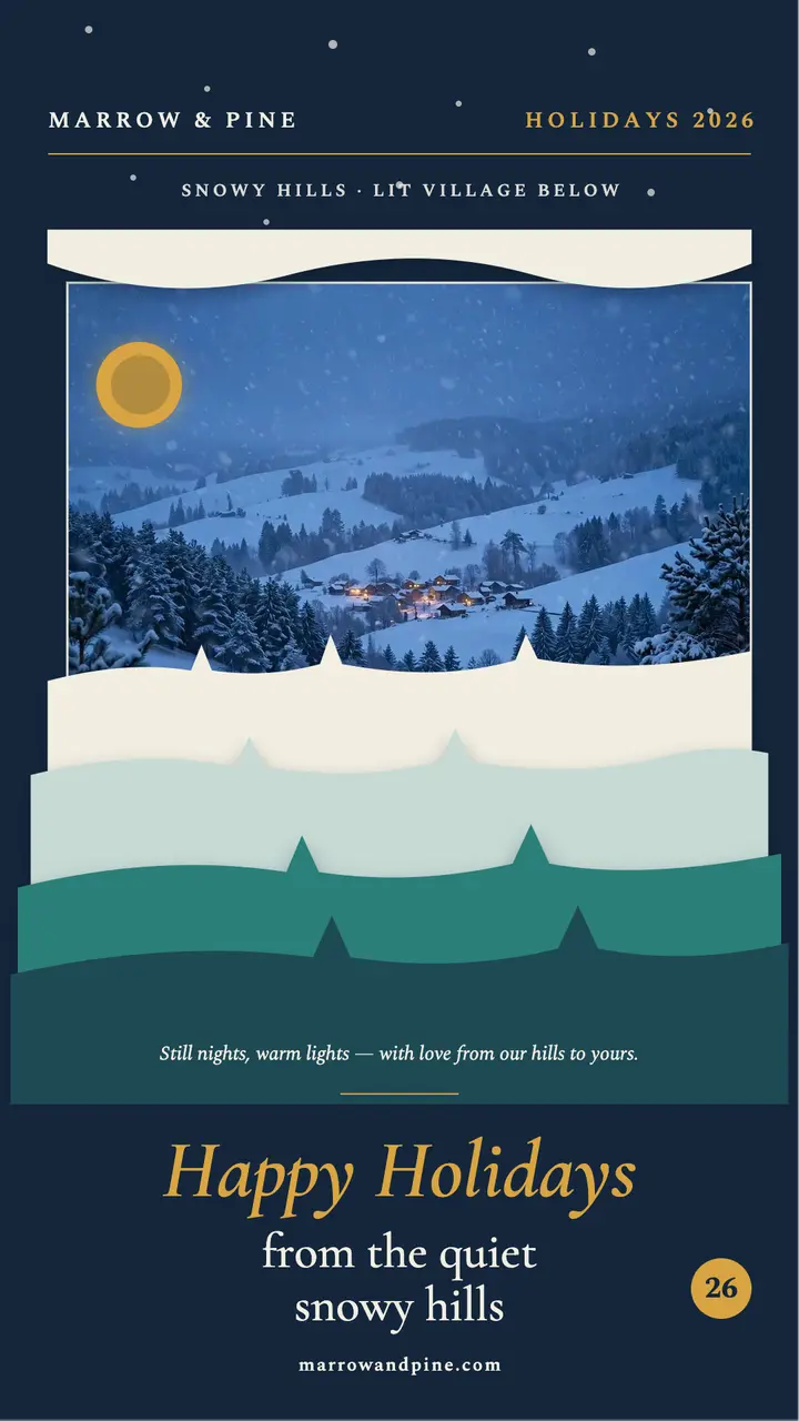 Marrow and Pine snowy hills holiday story template