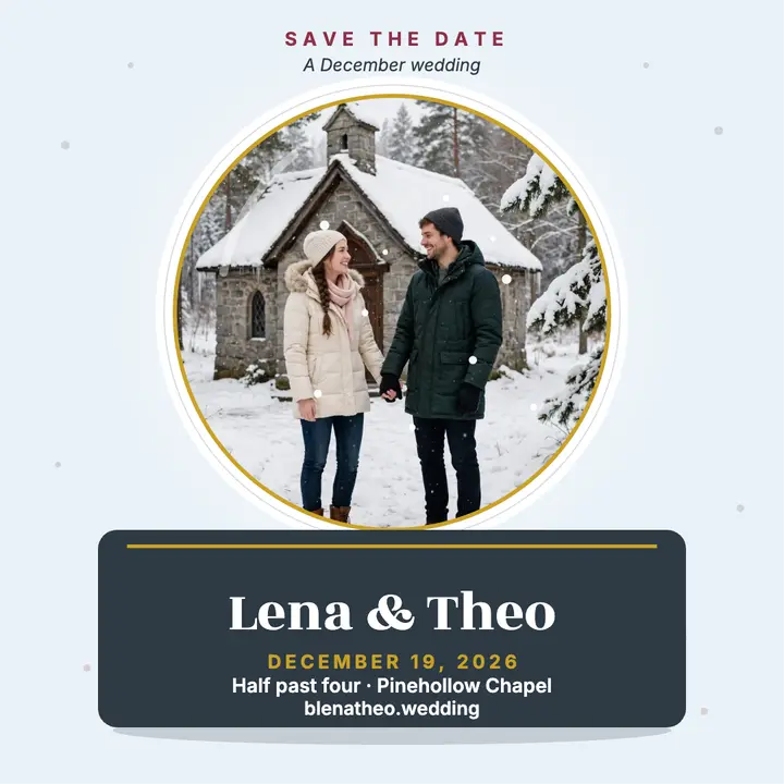 Lena and Theo snow globe wedding post: winter wedding announcement template