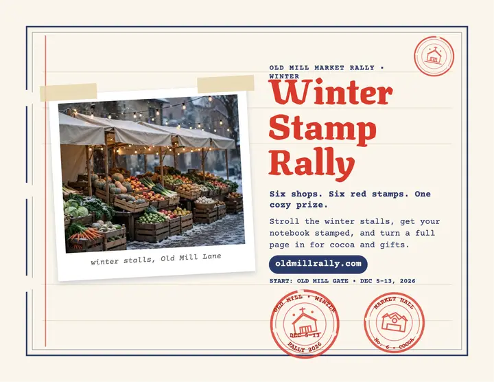 Old Mill winter stamp rally flyer: stamp rally flyer template