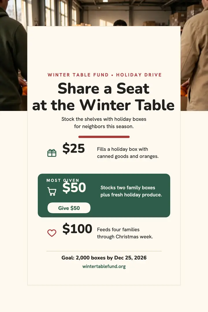 Winter Table Fund holiday giving poster: holiday food bank poster template