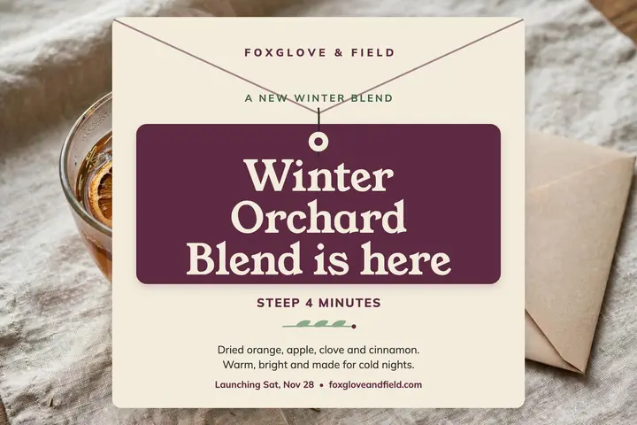Winter Orchard Blend launch postcard: tea launch postcard template
