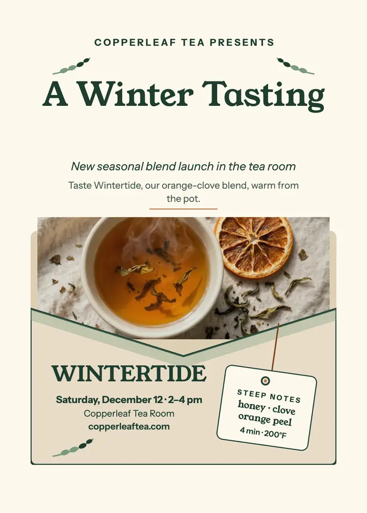 Copperleaf winter tea tasting invite: tea tasting invitation template