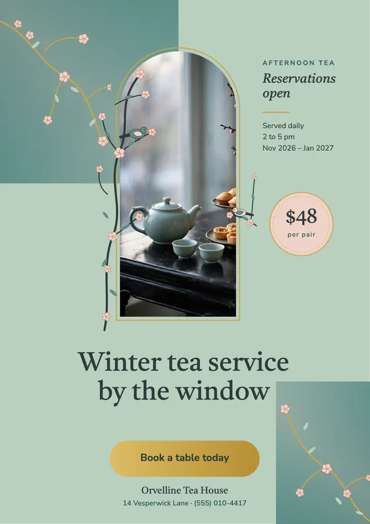 Orvelline Tea House winter afternoon tea flyer template