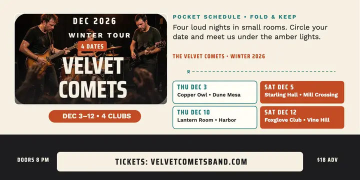 Velvet Comets winter tour pocket schedule: club tour schedule post template