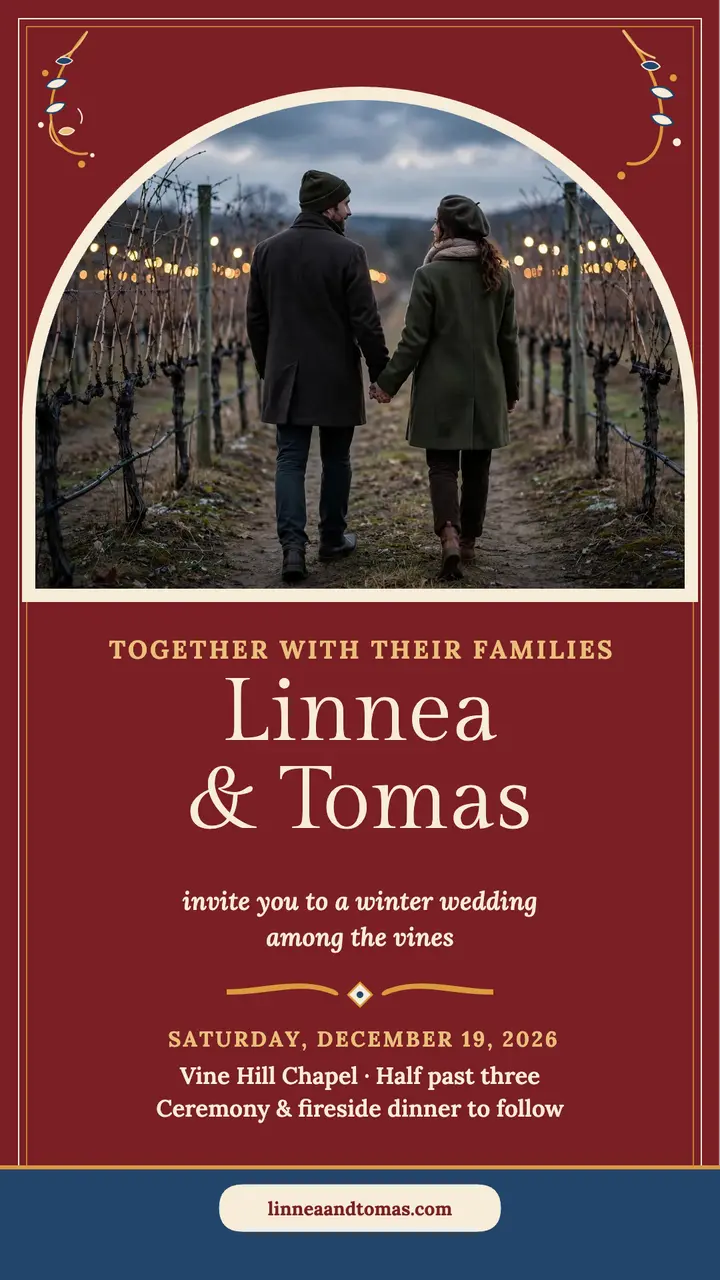 Winter vineyard wedding invitation story: winter wedding invitation story template
