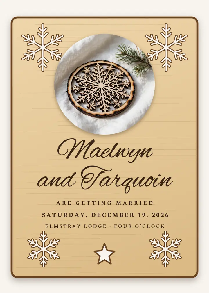 Winter wedding laser-cut wood invitation, Maelwyn and Tarquoin template