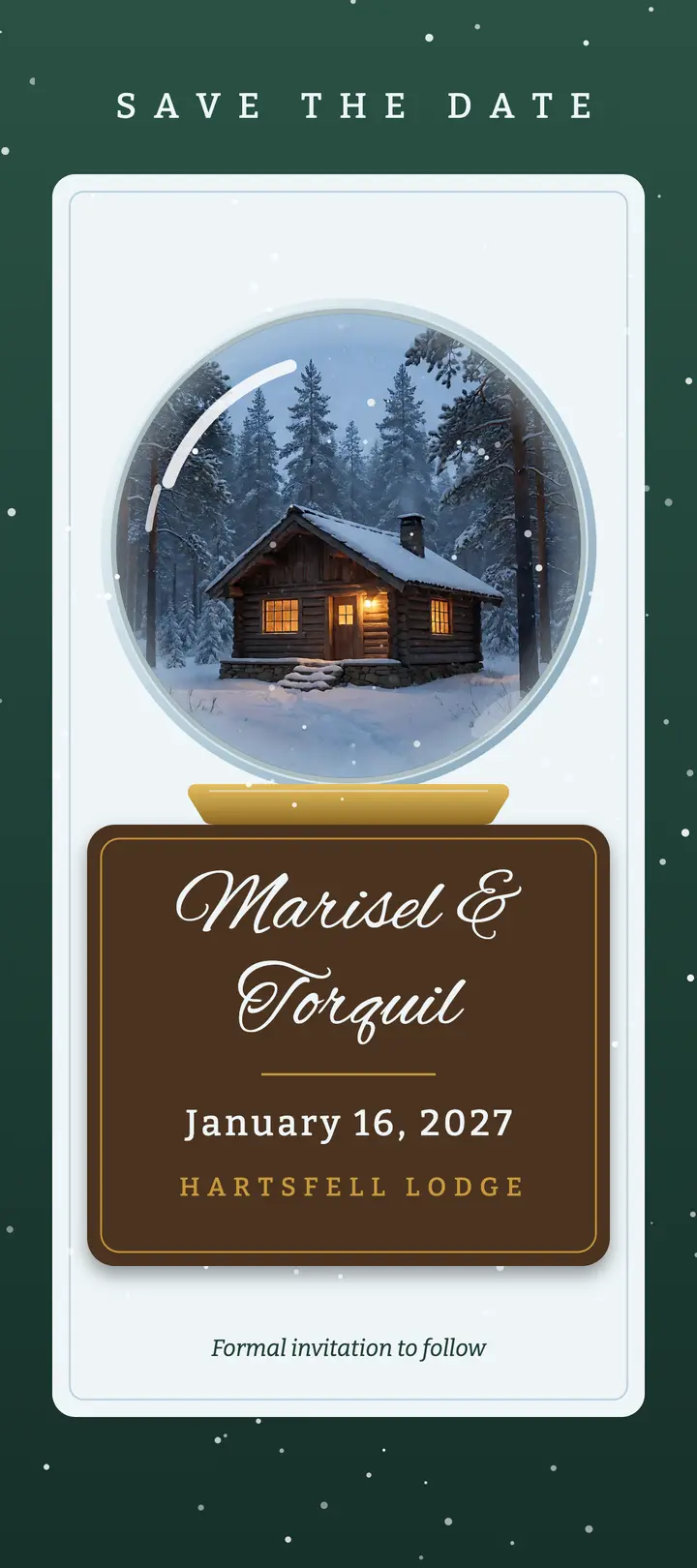 Marisel and Torquil winter wedding save-the-date rack card: winter wedding save the date template