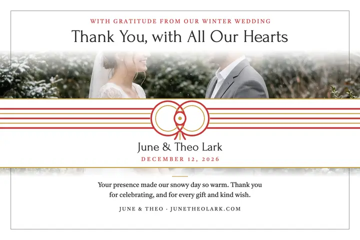 June and Theo winter thank-you postcard: wedding thank you postcard template