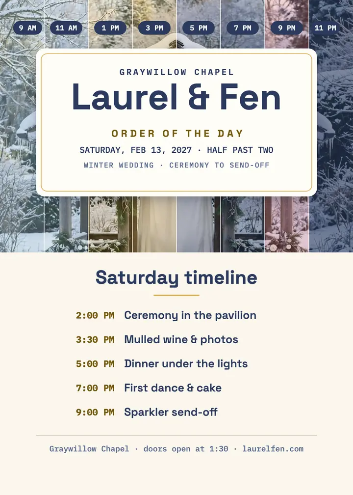 Laurel and Fen winter timeline invitation template