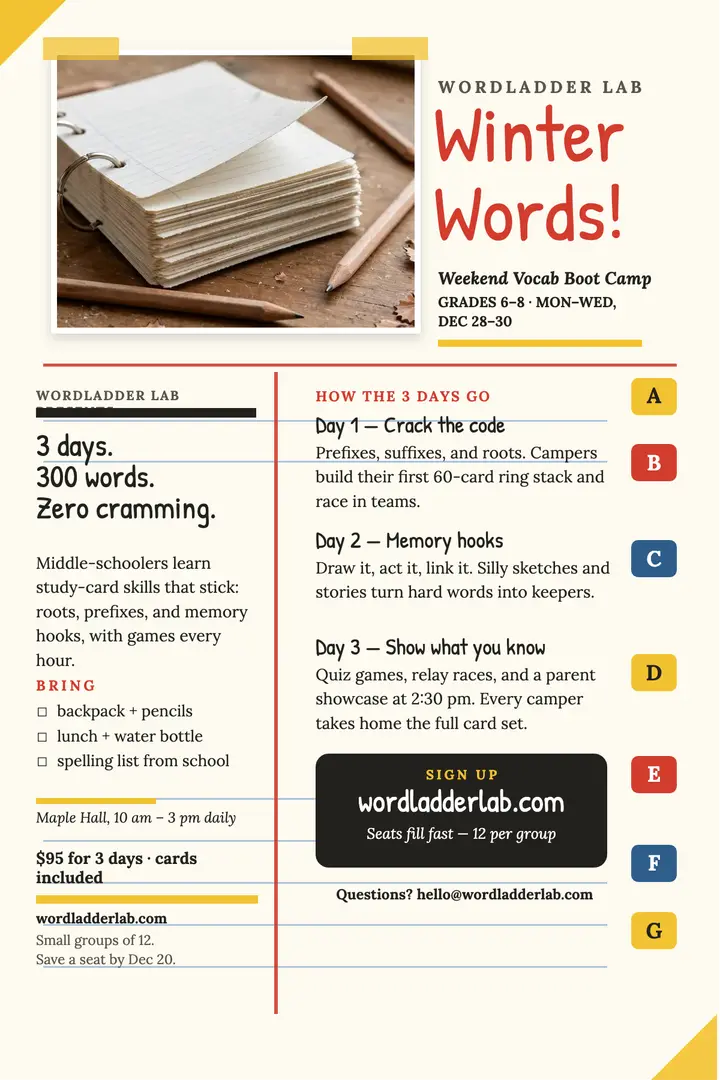 Wordladder Lab winter words boot camp poster template