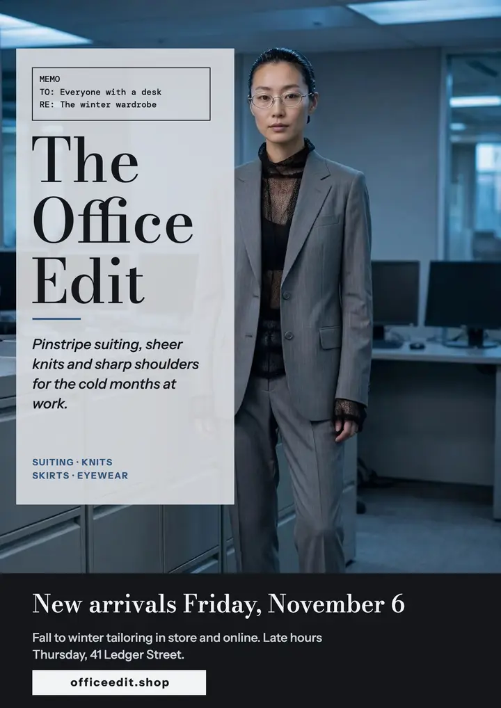 The Office Edit winter workwear flyer: fashion lookbook flyer template