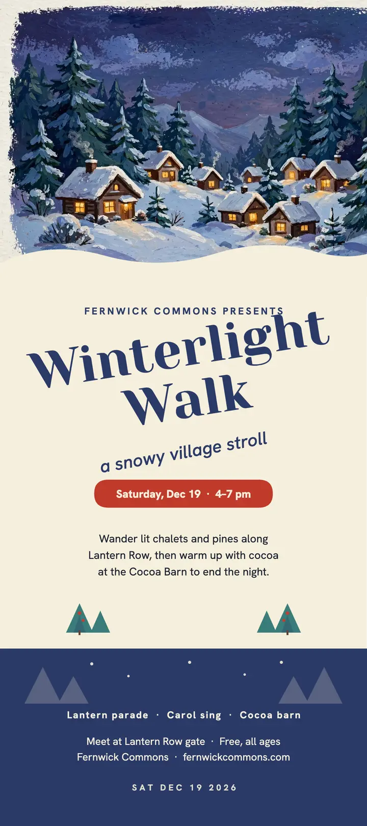Winterlight Walk snowy village rack card: holiday village walk rack card template