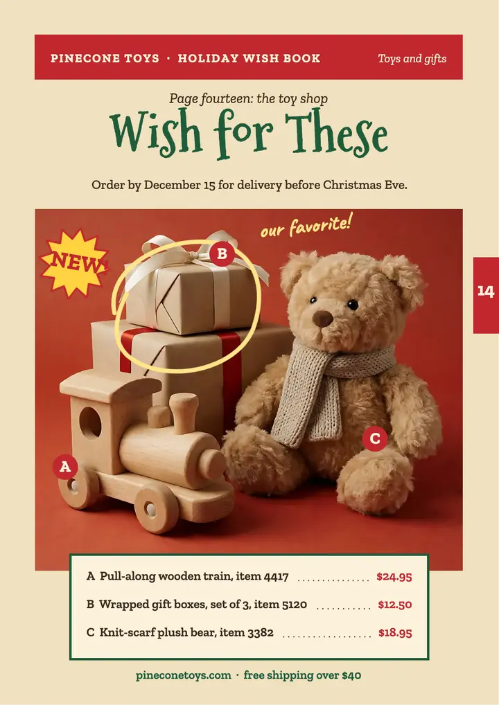 Pinecone Toys wish book page template