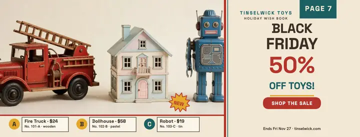 Tinselwick Black Friday toy catalog cover: black friday toy sale cover template